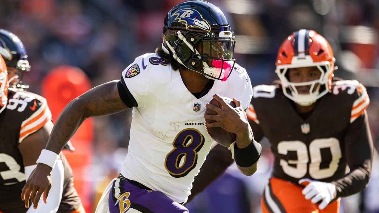 Oct 27, 2024; Cleveland, Ohio, USA; Baltimore Ravens quarterback Lamar Jackson (8) runs the ball against the Cleveland Brownsduring the second quarter at Huntington Bank Field.