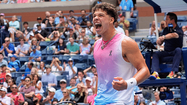 Ben Shelton (USA) after a winner in the first set against Frances Tiafoe (USA) on day five of the 2024 U.S. Open tennis tournament