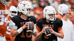 Texas Longhorns quarterbacks Arch Manning (16), left, and Quinn Ewers (3) throw passes while warming up ahead of the Longhorns' spring Orange and White game at Darrell K Royal Texas Memorial Stadium in Austin, Texas.