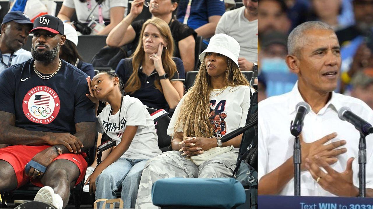 LeBron James, Zhuri James and Savannah James (L), Barack Obama (R)