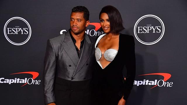 Denver Broncos quarterback Russell Wilson and recording artist Ciara arrive at the Red Carpet for the 2022 ESPY at Dolby Theater.