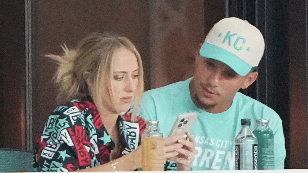 Kansas City Chiefs quarterback Patrick Mahomes and wife Brittany watch play during the first half against the Washington Spirit at CPKC Stadium.