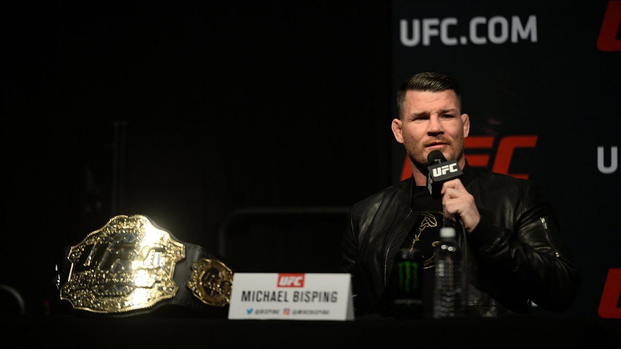 Middleweight champion Michael Bisping speaks to the media to promote his bout against Georges St-Pierre (not pictured) prior to weigh ins for UFC 209 at T-Mobile Arena.