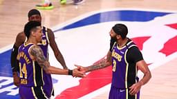 Los Angeles Lakers players Kentavious Caldwell-Pope (1) , Danny Green (14) and Anthony Davis (3) celebrate after defeating the Denver Nuggets in game five of the Western Conference Finals of the 2020 NBA Playoffs at AdventHealth Arena.