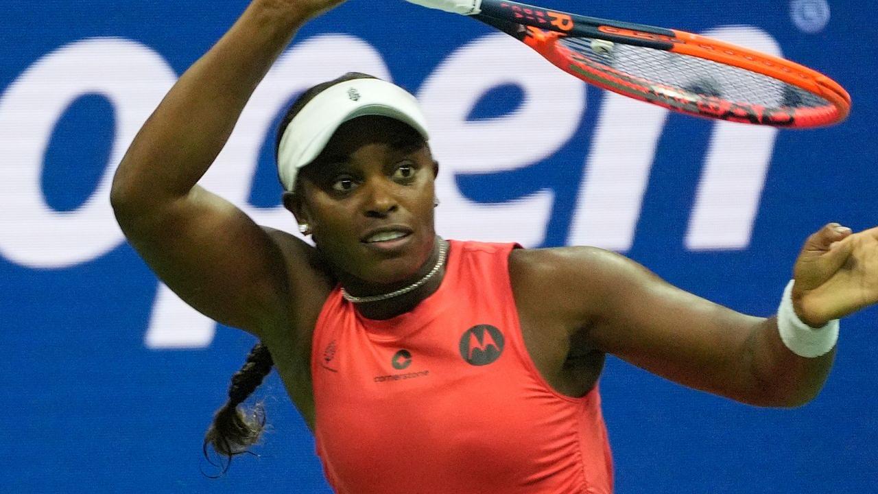 Sloan Stephens of the USA hits to Clara Burel of France on day one of the 2024 U.S. Open tennis tournament at USTA Billie Jean King National Tennis Center.