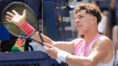 Ben Shelton of the USA after beating Dominic Thiem of Austria on day one of the 2024 U.S. Open tennis tournament