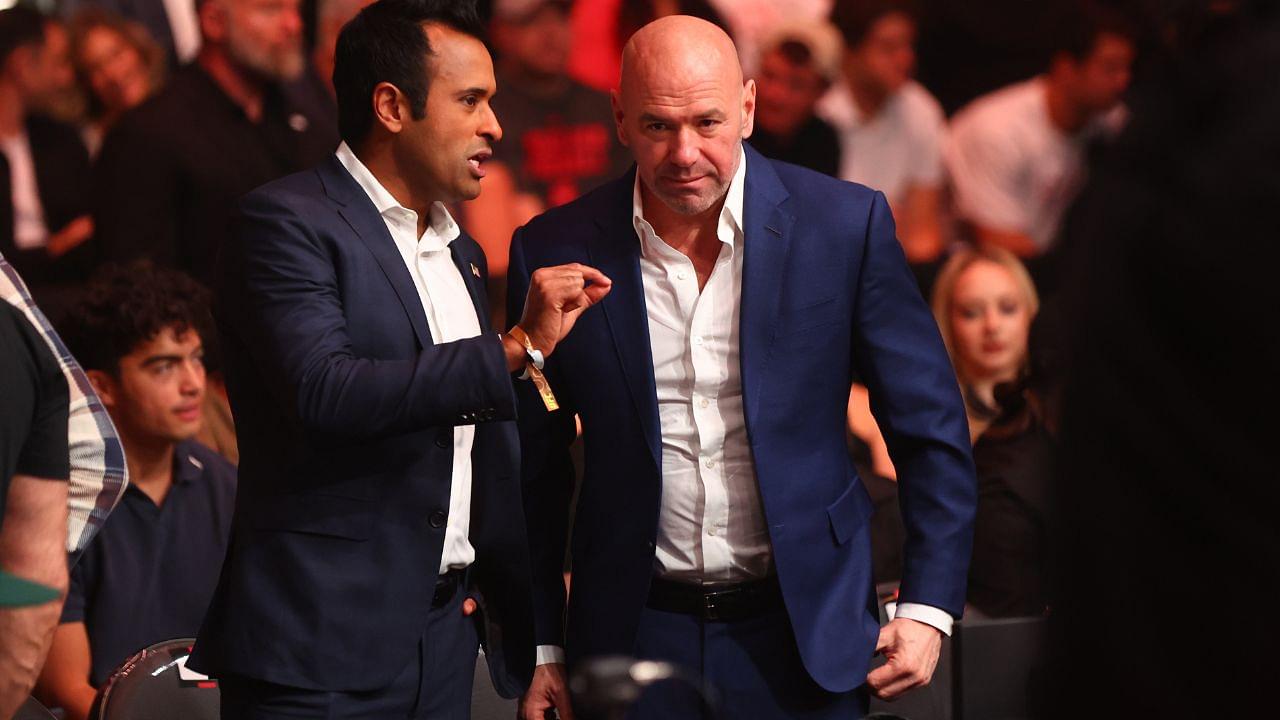 American politician Vivek Ramaswamy (left) and UFC president Dana White during UFC 300 at T-Mobile Arena.