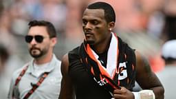 Cleveland Browns quarterback Deshaun Watson walks off the field after the Browns lost to the New York Giants at Huntington Bank Field.