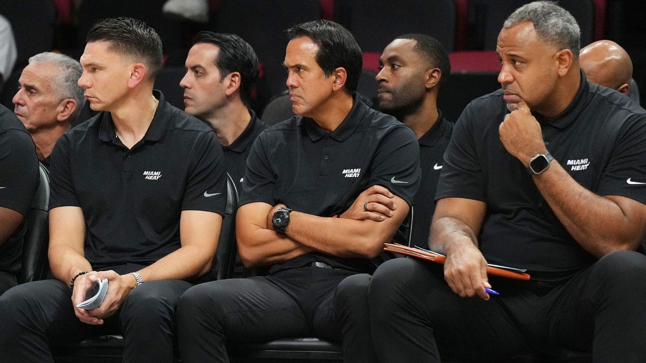 Miami Heat head coach Erik Spoelstra, center, looks on late in the game against the Orlando Magic at the Kaseya Center.