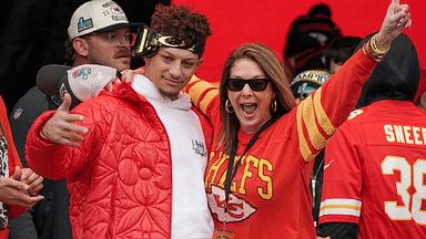 Kansas City Chiefs quarterback Patrick Mahomes (15) celebrates with his mother Randi Martin during the Kansas City Chiefs Super Bowl parade.