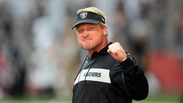 Oakland Raiders head coach Jon Gruden reacts during warmups prior to facing the against the Arizona Cardinals at State Farm Stadium.