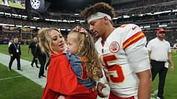 Kansas City Chiefs quarterback Patrick Mahomes (15) interacts with wife Brittany Mahomes and daughter Sterling Mahomes during the game against the Las Vegas Raiders at Allegiant Stadium.