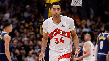 Toronto Raptors center Jontay Porter (34) reacts after a play in the third quarter against the Denver Nuggets at Ball Arena.