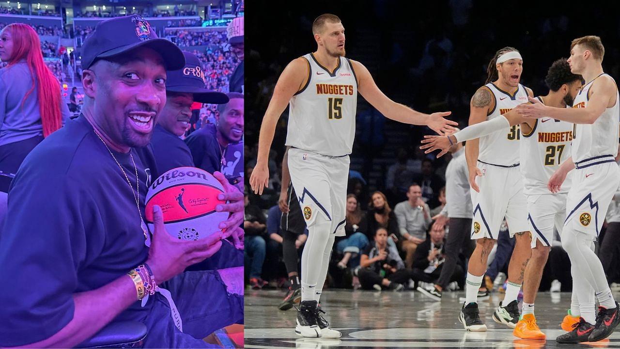 Gilbert Arenas (L) and Nikola Jokic and Denver players (R)