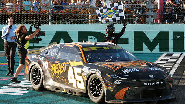 NASCAR Cup Series driver Tyler Reddick (45) celebrates after winning the Straight Talk Wireless 400 at Homestead-Miami Speedway.