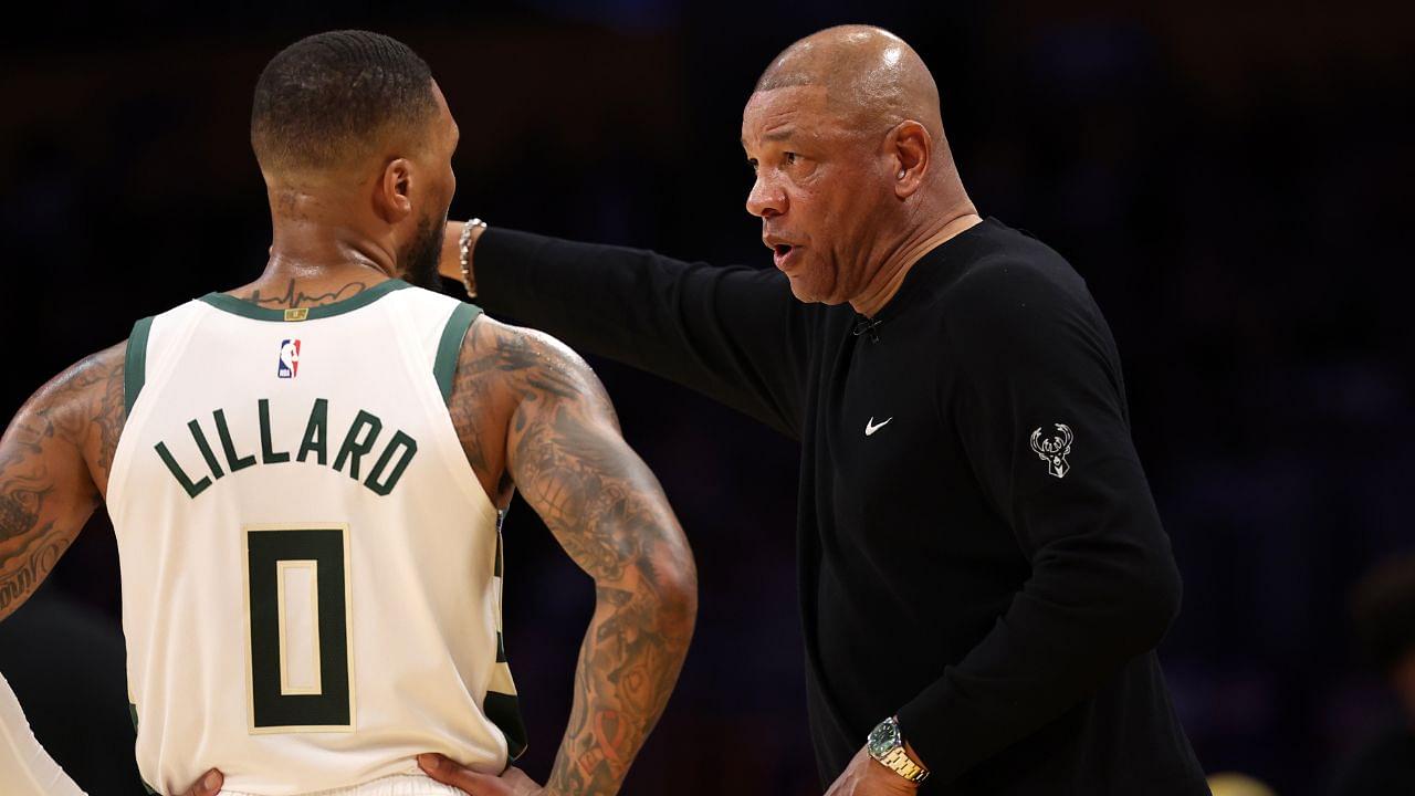 ilwaukee Bucks head coach Doc Rivers talks to guard Damian Lillard (0) during the third quarter of the NBA game against the Los Angeles Lakers at Crypto.com Arena.