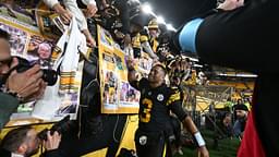 Pittsburgh Steelers quarterback Russell Wilson (3) celebrates a win against the New York Giants at Acrisure Stadium.