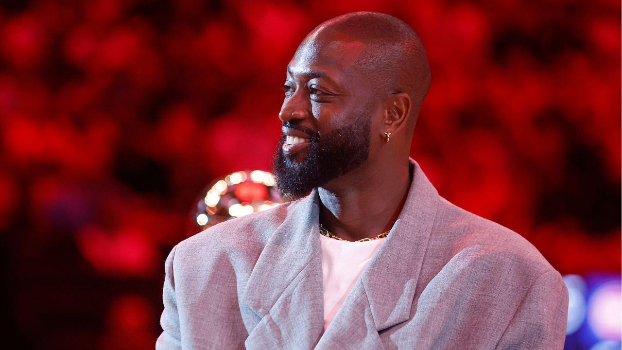 Oct 28, 2024; Miami, Florida, USA; Former Miami Heat guard Dwyane Wade is honored at halftime during the game against the Detroit Pistons at Kaseya Center. Mandatory Credit: Rhona Wise-Imagn Images