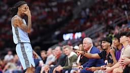 Memphis Grizzlies guard Ja Morant (12) reacts towards fans after scoring a basket during the second quarter against the Houston Rockets at Toyota Center.