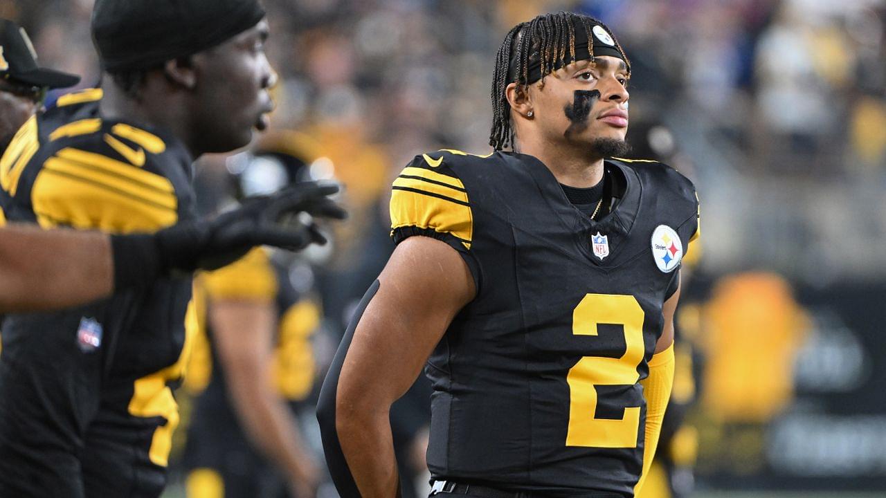 Pittsburgh Steelers quarterback Justin Fields (2) watches the action during the first quarter of a game against the New York Giants at Acrisure Stadium.