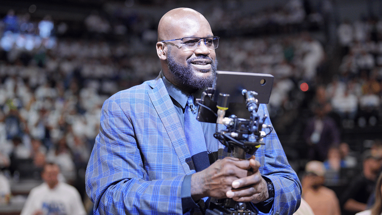 Shaquille O'Neal looks on during halftime between the Minnesota Timberwolves and the Dallas Mavericks