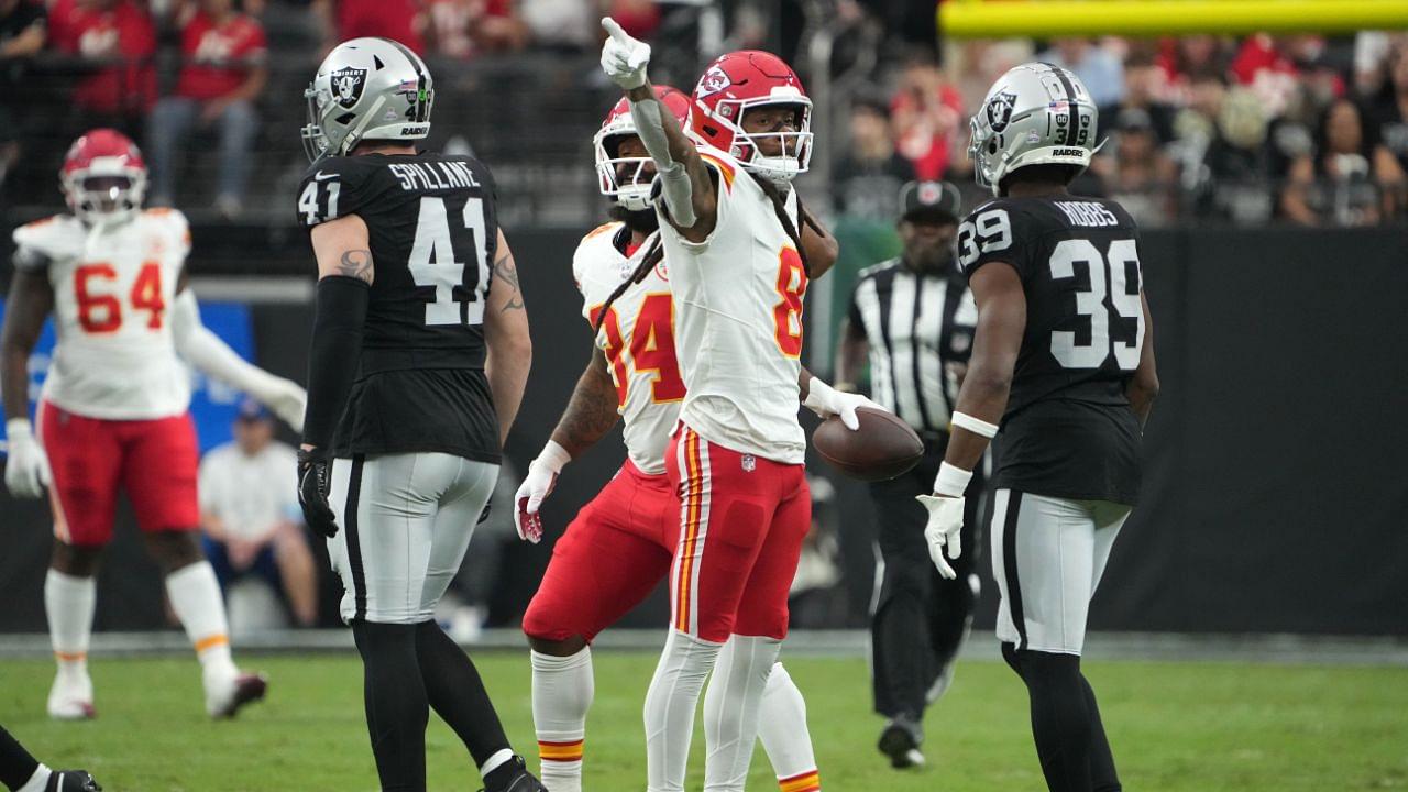 Kansas City Chiefs wide receiver DeAndre Hopkins (8) gestures after a first down against the Las Vegas Raiders in the first half at Allegiant Stadium.