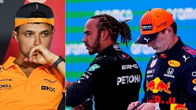 Lando Norris(L), Lewis Hamilton(C), Max Verstappen(R)