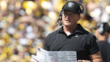 Las Vegas Raiders head coach Jon Gruden looks on from the sidelines against the Pittsburgh Steelers during the second quarter at Heinz Field. Las Vegas won 26-17.