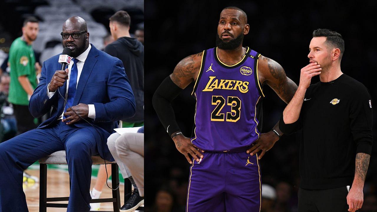 Shaquille O'Neal (L) and JJ Redick in conversation with LeBron James (R)