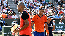 Nick Kyrgios (AUS) and Rafael Nadal (ESP) change sides during their quarterfinal match at the BNP Paribas Open at the Indian Wells Tennis Garden.