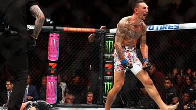 Max Holloway (blue gloves) reacts after defeating Justin Gaethje (red gloves) during UFC 300 at T-Mobile Arena