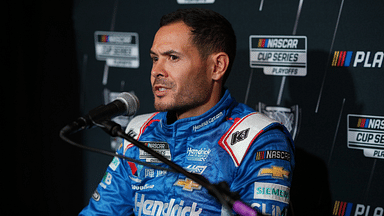 Kyle Larson speaks to media members during the NASCAR Playoffs Media Day at the Charlotte Convention Center.