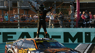 NASCAR Cup Series driver Tyler Reddick (45) celebrates after winning the Straight Talk Wireless 400 at Homestead-Miami Speedway.