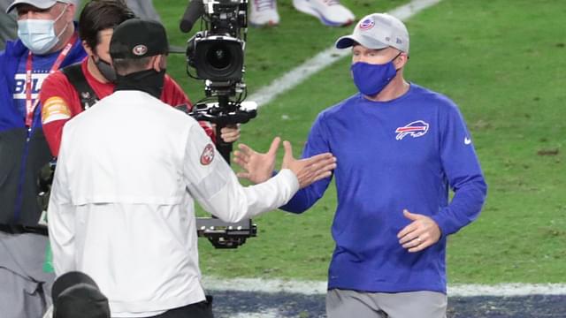 San Francisco 49ers head coach Kyle Shanahan (left) shakes hands with Buffalo Bills head coach Sean McDermott after the Bills won 34-24 at State Farm Stadium.