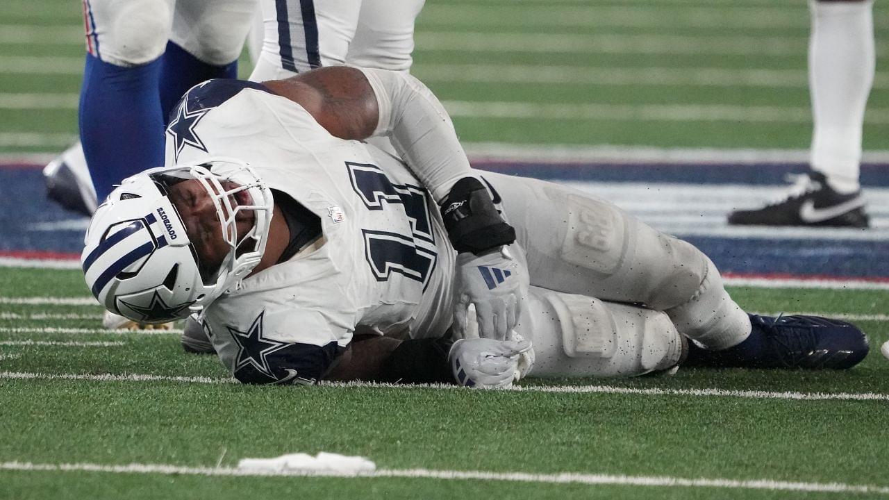 Dallas Cowboys linebacker Micah Parsons (11) injured in the second half against the New York Giants at MetLife Stadium.