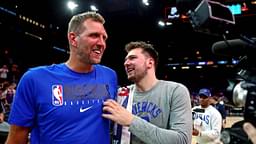 Dallas Mavericks guard Luka Doncic (77) greets former player Dirk Nowitzki after beating the Phoenix Suns in game seven of the second round for the 2022 NBA playoffs at Footprint Center.