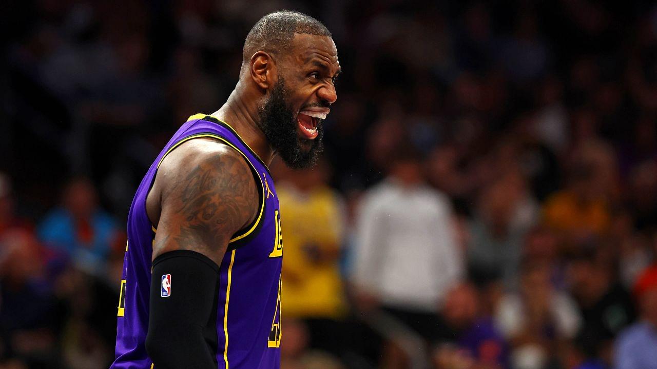 Los Angeles Lakers forward LeBron James (23) reacts to a play during the second half against the Phoenix Suns at Footprint Center.