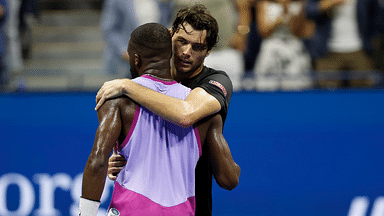 Taylor Fritz (USA)(R) hugs Frances Tiafoe (USA)(L) after their men's singles semifinal of the 2024 U.S. Open tennis tournament