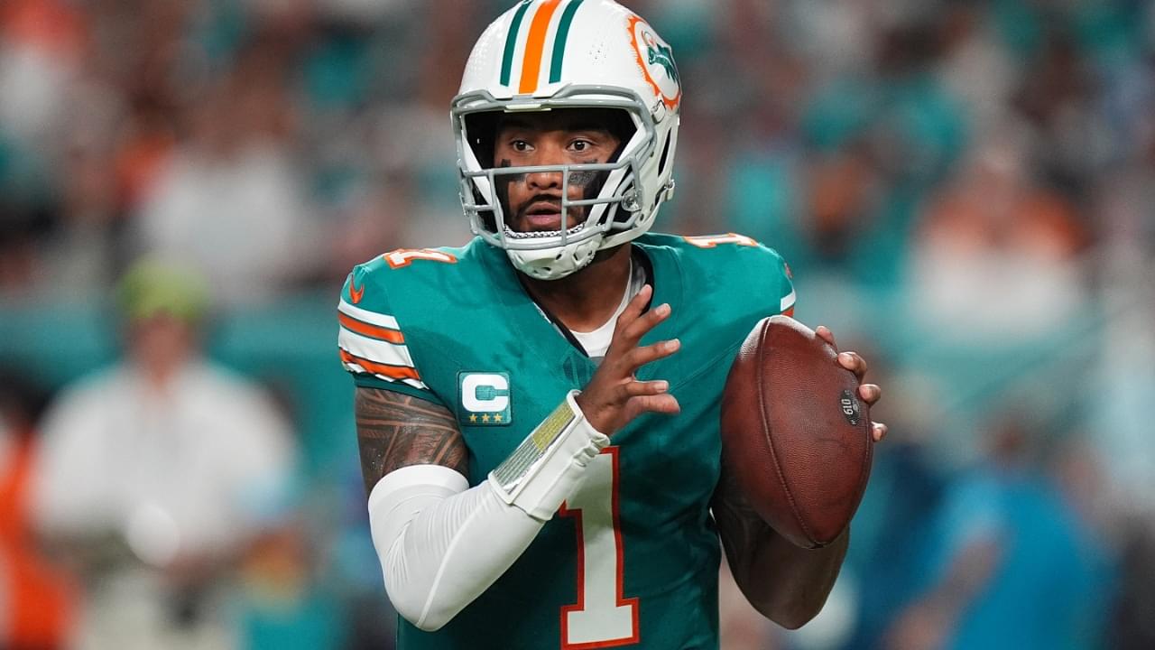 Sep 12, 2024; Miami Gardens, Florida, USA; Miami Dolphins quarterback Tua Tagovailoa (1) drops back with the ball against the Buffalo Bills during the first half at Hard Rock Stadium.