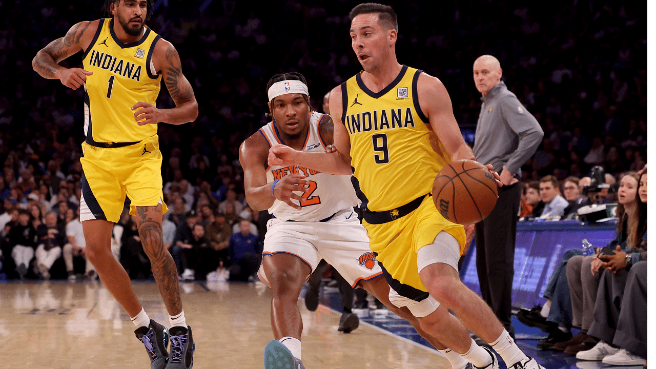 Oct 25, 2024; New York, New York, USA; Indiana Pacers guard T.J. McConnell (9) drives to the basket against New York Knicks guard Miles McBride (2) during the second quarter at Madison Square Garden. Mandatory Credit: Brad Penner-Imagn Images