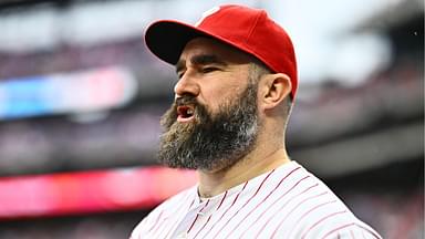 Former Philadelphia Eagle Jason Kelce reacts before the game between the Philadelphia Phillies and Atlanta Braves at Citizens Bank Park.