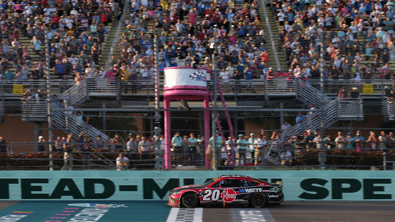 NASCAR Cup Series driver Christopher Bell (20) crosses the start/finish line to win the 4EVER 400 presented by Mobil 1 at Homestead-Miami Speedway.