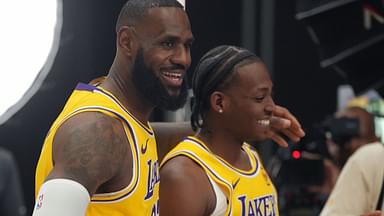 Los Angeles Lakers foward LeBron James (23) with guard Quincy Olivari (41) during media day at the UCLA Health Training Cente