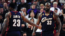 Cleveland Cavaliers center Shaquille O'Neal (33) receives a hand shake from forward LeBron James (23) after receiving his third foul during the second quarter against the Sacramento Kings at Arco Arena.