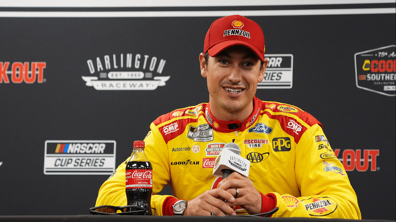 NASCAR Cup Series driver Joey Logano speaks with the media prior to practice for the Cook Out Southern 500 at Darlington Raceway.