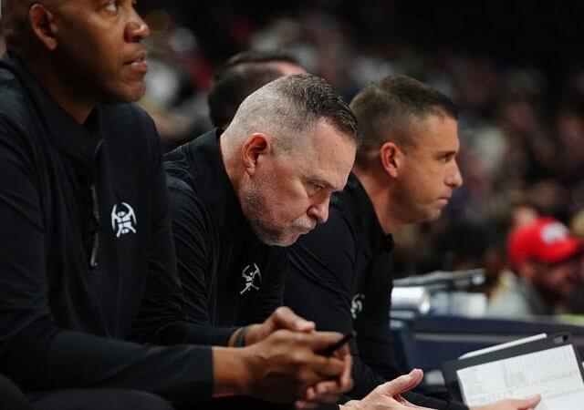 Denver Nugget head coach Michael Malone on the bench in the second half against the Oklahoma City Thunder at Ball Arena