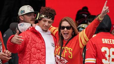 Kansas City Chiefs quarterback Patrick Mahomes (15) celebrates with his mother Randi Martin during the Kansas City Chiefs Super Bowl parade.