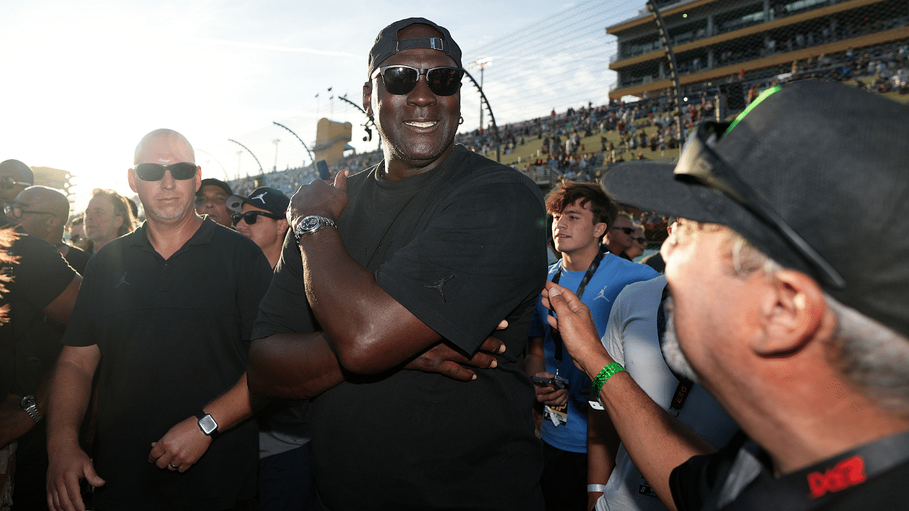 23XI owner Michael Jordan celebrates after his driver NASCAR Cup Series driver Tyler Reddick (not pictured) won the Straight Talk Wireless 400 at Homestead-Miami Speedway.