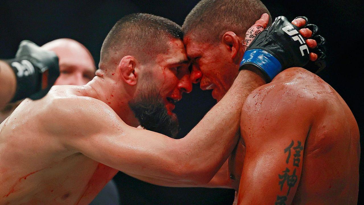 Khamzat Chimaev, left, congratulates Gilbert Burns on a valiant effort Saturday, April 9, 2022 during UFC 273 at VyStar Veterans Memorial Arena in Jacksonville. Chimaev won the welterweight bout by unanimous decision.