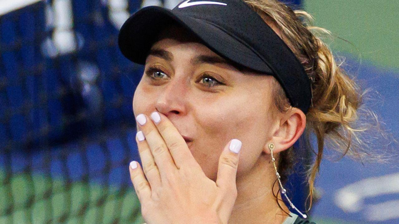 Paula Badosa (ESP) celebrates after her match against Yafan Wang (CHN) (not pictured) in a women's singles match on day seven of the 2024 U.S. Open tennis tournament at USTA Billie Jean King National Tennis Center.